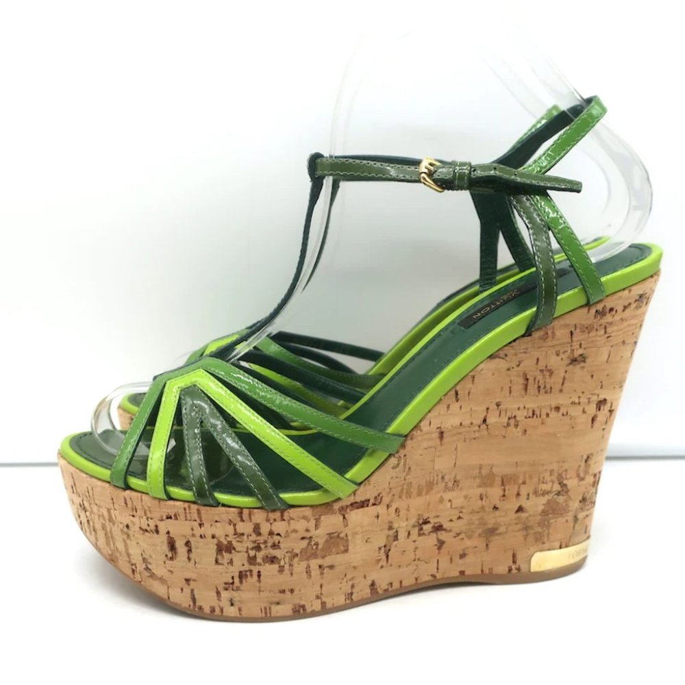 Louis Vuitton Summertime Cork Wedge Sandals Green Patent Leather Size 37.5 - Picture 5 of 12